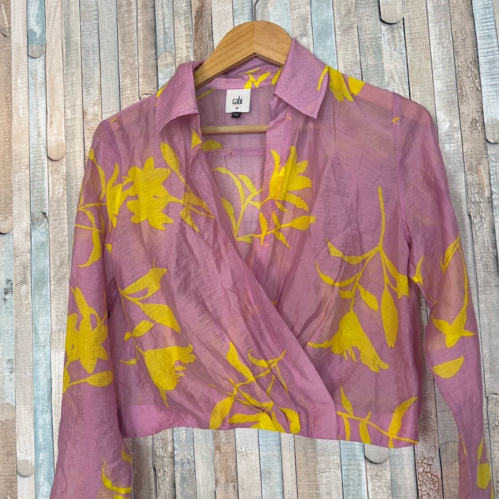 Cabi XS Drift Top Blouse Wrap Style Tropical Orchid Floral Summer Sheer Cover Up